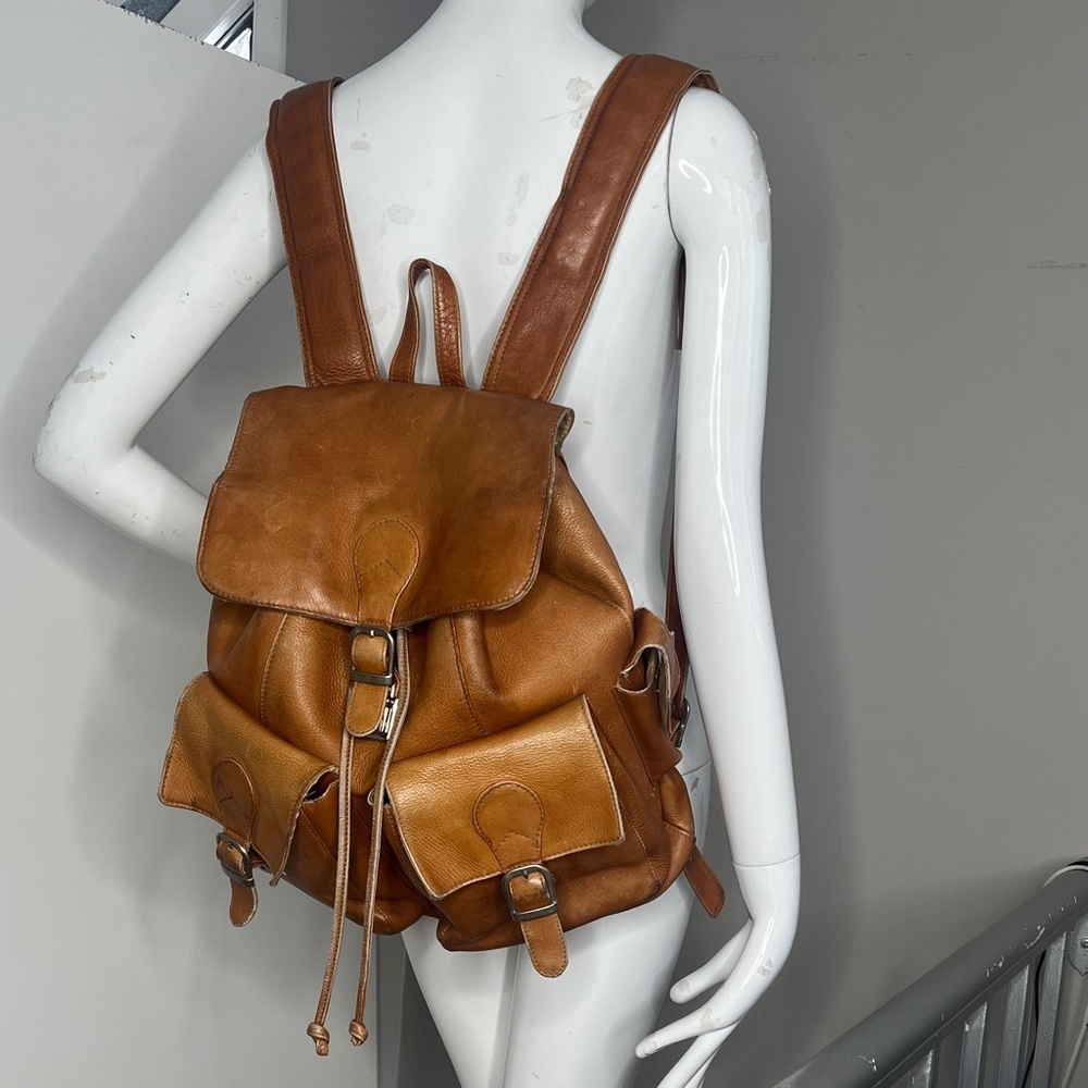 Piel Leather Large Buckle Flap Backpack in Tan Saddle Leather
